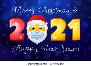 2021 Merry Christmas and A Happy New Year holiday card. Winter backdrop, lock down symbol, yellow face. Decorative icon. Isolated abstract graphic design template. Web emoji. Season creative congrats.