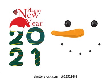 2021 Merry christmas and happy new year greeting card with copy-space. Happy snowman standing in christmas landscape.Snow background.Winter fairytale.
