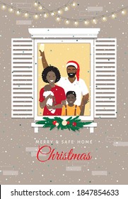 2021 Merry and safe home Christmas greeting vector card, poster, banner. Happy cheerful african american family of parents and young children at apartment window, fir tree decor, Santa hat, Chapmagne 