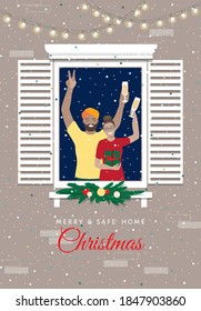 2021 Merry and safe home Christmas greeting vector card, poster, banner. Happy cheerful couple, family of two, Indian man, young woman stay at apartment window, fir tree decor, Santa hat, Chapmagne