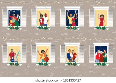 2021 Merry safe home Christmas celebrating during pandemic concept, vector banner. Happy cheerful diverse families, parents, kids, seniors, couples at apartments windows, fir tree branches, Chapmagne