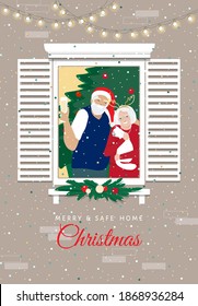 2021 Merry and safe home Christmas greeting vector card, poster, banner. Happy cheerful  elderly couple, family of aged parents, grandparents at apartment window, fir tree decor, Santa hat, Chapmagne