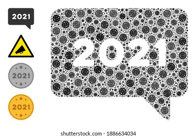 2021 message coronavirus mosaic icon. 2021 message collage is composed with randomized coronavirus particles. Bonus icons are added. Flat style.