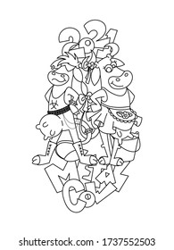 2021 Metal Cow. Happy cartoon metal music smiling and pin-up dress cows in a proud pose. Vector illustration of a silly cow, icon childish mascot isolated on white.
