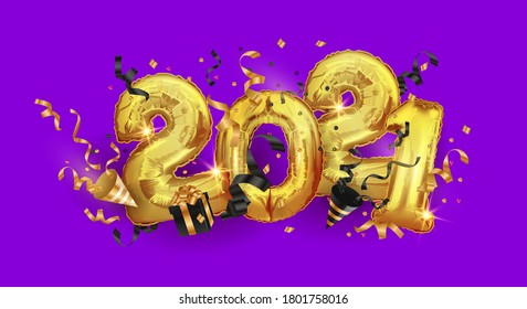 2021 metal gold balls.Happy New year and merry Christmas 2021. Festive vector illustration of Golden numbers.Numbers, confetti, firecrackers, gifts on a bright background. Festive banner design.Vector