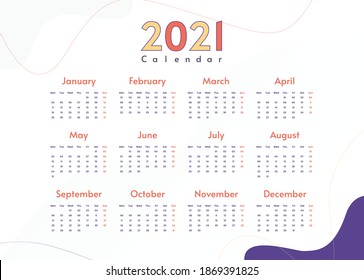 2021 minimal calendar design. Calendar 2021 design template. Modern look minimal calendar.