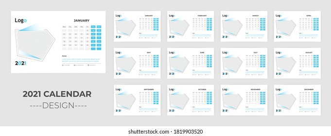 2021 Planificador de fechas minimalista, plantilla de calendario de escritorio profesional. Conjunto de 12 meses, la semana comienza el lunes