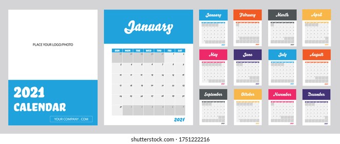 2021 Modern Calendar. Template to Apply Company's Logo & Website. Week Starts on Sunday. Set of 12 Months and Cover Page. Vector Illustration.