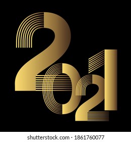 2021- Modern numbers and graphics of the new year, gold color on a black background.