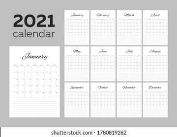 2021 monthly calendar. Modern minimalistic black and white calendar-planner. Week starts on Sunday.  Notes on every day and every month