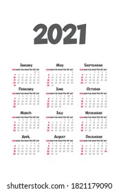 2021 monthly calendar template isolated on white background. Time organizing schedule in grey colors. Classical usa calendar standard weekly block module. Vertical 2021 calendar vector illustration.