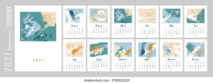 2021 Monthly Wall calendar. Abstract design. Set of 12 months. Week starts on Sunday. Concept, vector editable calender page template. Vertical. Vector abstract artistic  illustration. Pastel.