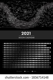 2021 moon phases calendar and equatorial star map vector