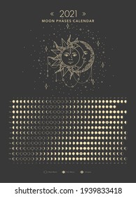 2021 moon phases calendar golden moon and sun astronomy vector