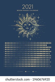 2021 moon phases calendar golden moon and sun astronomy vector