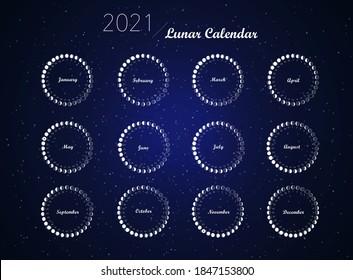 2021 moon phases calendar vector on dark blue