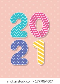 2021 número multicolor con líneas y puntos de feliz diseño de año nuevo, Bienvenida celebrar tarjeta de saludo feliz decorativo y tema de celebración Ilustración vectorial