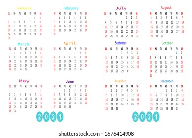 
Сalendar 2021 multicolored on a white background