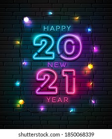 2021 neon light number happy new year and colorful bulb light at night design on block wall black background, Eps 10 vector illustration