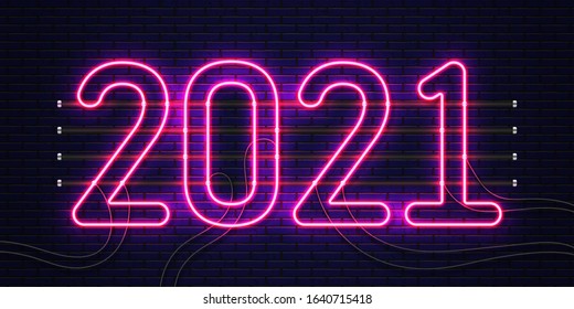 2021 neon text. Happy 2021 new year neon banner. Vector Illustration.