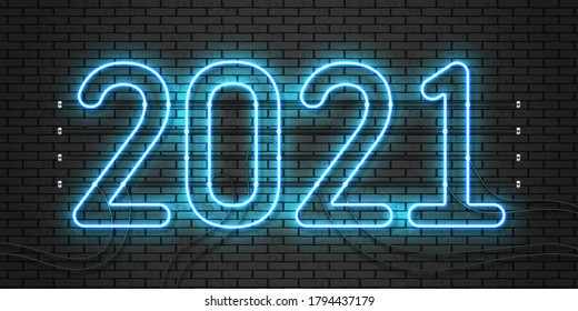 2021 neon text. Happy 2021 new year neon banner. Vector Illustration.