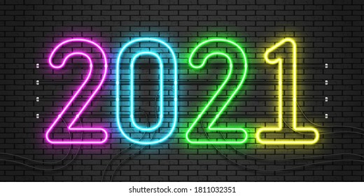 2021 neon text. Happy 2021 new year neon banner. Vector Illustration.