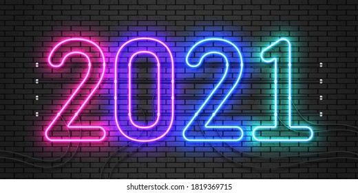 2021 neon text. Happy 2021 new year neon banner. Vector Illustration.