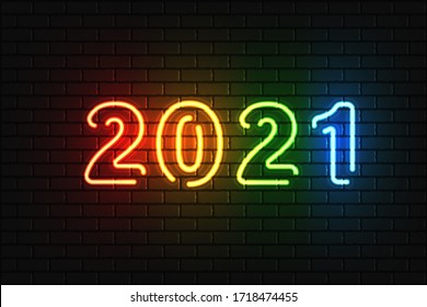 2021 Neon Text. 2021 New Year Design template. Colorful Light Banner. Vector Illustration. New 2021 Year sign in colorful neon design on brick wall background.
