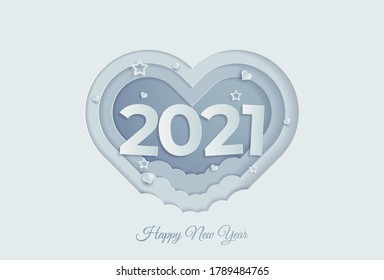 2021 New Year’s card love background, vector illustration. Paper cut style.