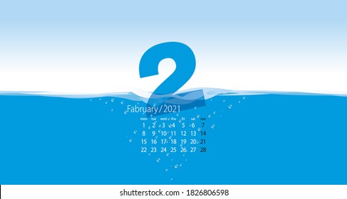 2021 New Desk Calendar 02 month February new year planner organizer template waving water blue background