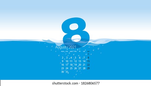 2021 New Desk Calendar 08 month August new year planner organizer template waving water blue background