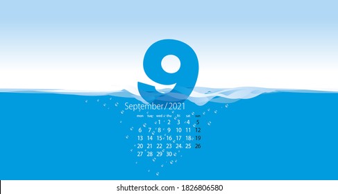 2021 New Desk Calendar 09 month September new year planner organizer template waving water blue background