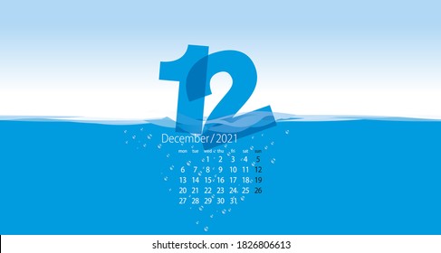 2021 New Desk Calendar 12 month December new year planner organizer template waving water blue background