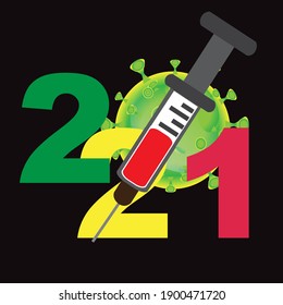 2021 New Vaccine Year logo. Coronavirus sign crossed out by syringe. Concept of vaccination stop coronavirus. Vector on transparent background