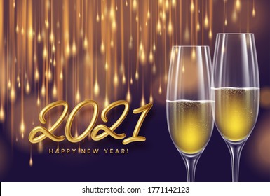 2021 Neujahrshintergrund mit Flasche und Gläsern Champagner und leuchtendem Bokeh-Licht. Vektorgrafik EPS10