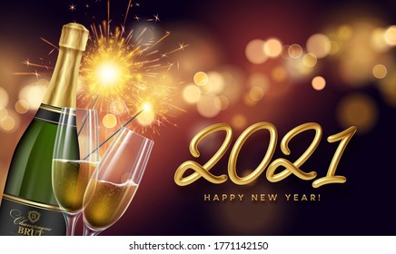 2021 New Year Background With A Bottle And Glasses Of Champagne And Glowing Bokeh Light. Vector Illustration EPS10