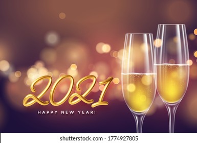 2021 New Year background with a bottle and glasses of champagne and glowing bokeh light. Vector illustration EPS10