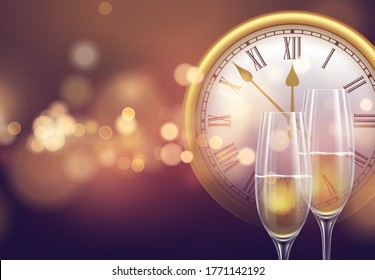 2021 New Year background with a clock and glasses of champagne and glowing bokeh light. Vector illustration EPS10