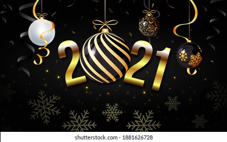 2021 Neujahrshintergrund mit dekorativen Weihnachtsbällen. Schneeflocken. Schwarze Farbkomposition. Geeignet für Grußkarte, hängende Banner, Poster. usw.