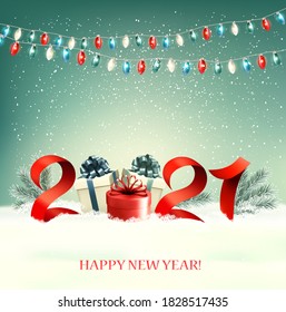 2021 Año Nuevo con cajas de regalo y coloridos jardines. Vector.