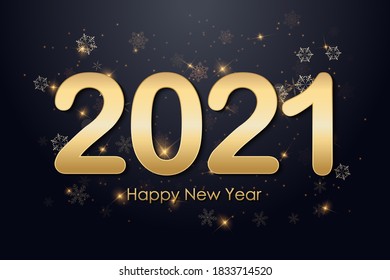 2021 New Year background for holiday greeting card, invitation, party flyer, poster, banner. Gold ball, snowflake, confetti on black background.