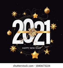 2021 New Year background for holiday greeting card, invitation, party flyer, poster, banner. Gold ball, snowflake, confetti on black background.