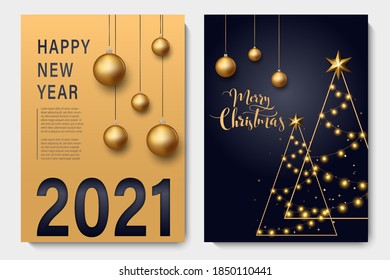 2021 New Year background for holiday greeting card, invitation, party flyer, poster, banner. Gold ball, snowflake, confetti on black background.