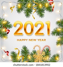 2021 Año Nuevo con ramas de pino realistas, guirnaldas brillantes, cañas de caramelo, serpentina, copo de nieve dorado brillante. Plantilla para tarjeta de felicitación de Navidad y Año Nuevo, afiche, postal, banner