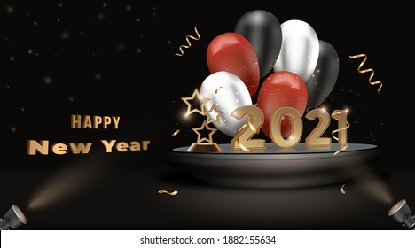 2021 New year Background. vector 3d Golden Number rendering on podium spotlight and stage. Balloons. Confetti. Celebrate new year party. Dark colors composition. Greeting card, banner, poster. etc.