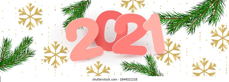 2021 New Year banner. Design with realistic christmas tree branch, golden snowflakes and text on white with gold dots background. Horizontal Christmas header for website template. Vector