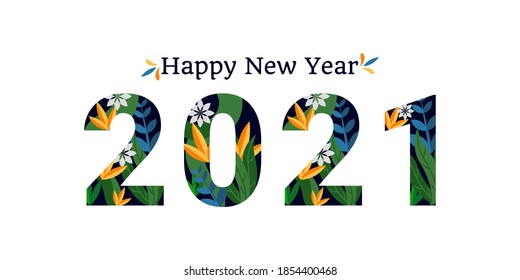 2021 New Year Banner. Number 2021 With Ornament Flowers And Plants. Vector Decorative Object.