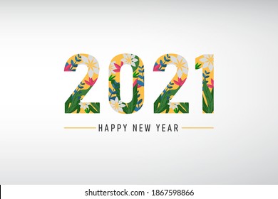 2021 New Year banner. Number 2021 with ornament flowers and plants. Vector decorative object.