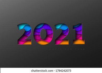 2021 New Year banner. Paper cut numbers with 3d bright colors wavy shapes. Minimal cover design. Template for Christmas flyers, greeting cards, brochures. Vector.