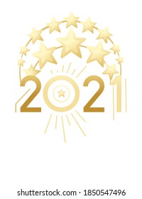 2021 New Year banner with script text and golden decorative stars design template for poster or greetings card flat vector illustration on white background